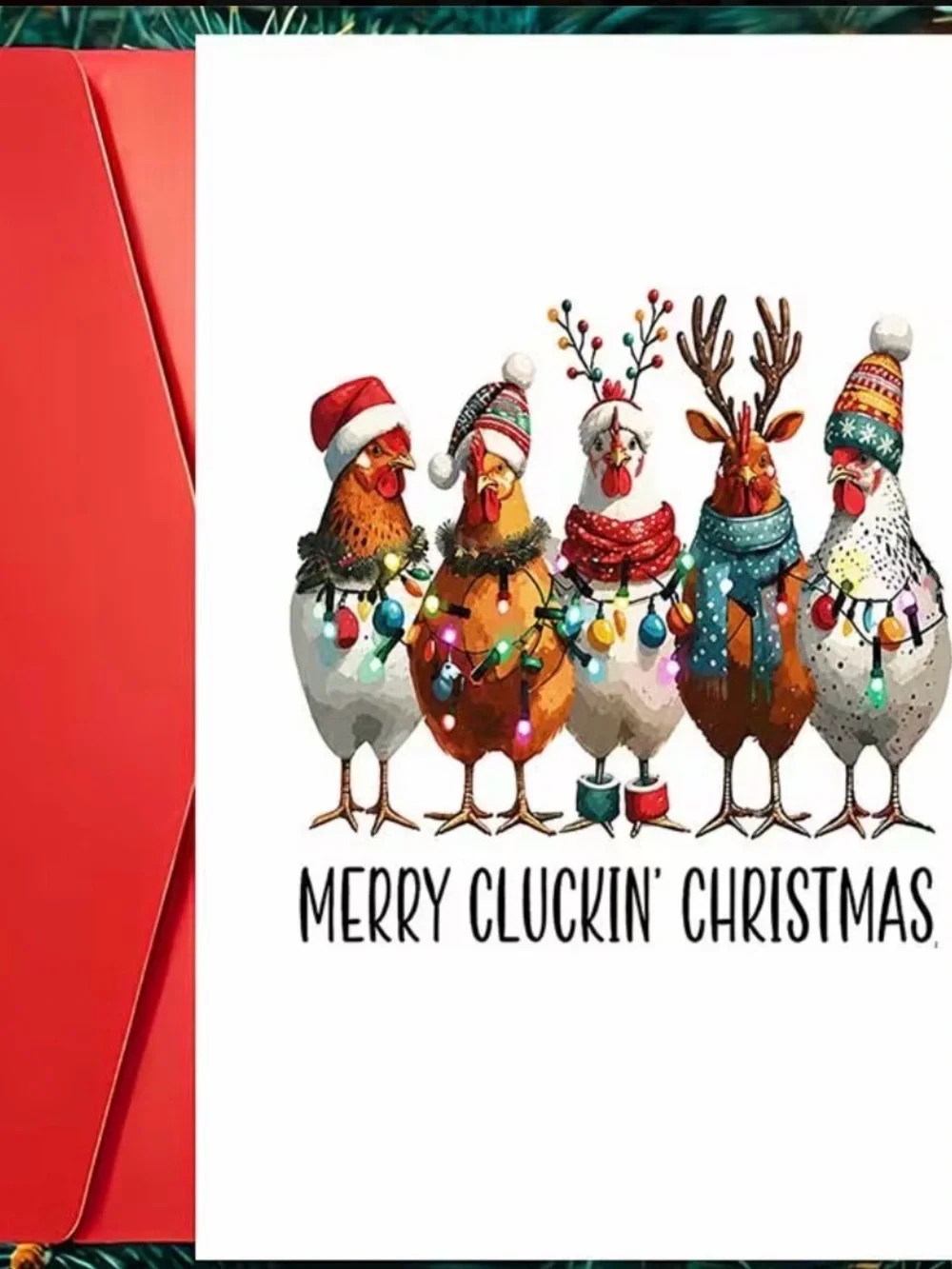 Holiday Chickens Christmas Card - Merry Cluckin' Christmas